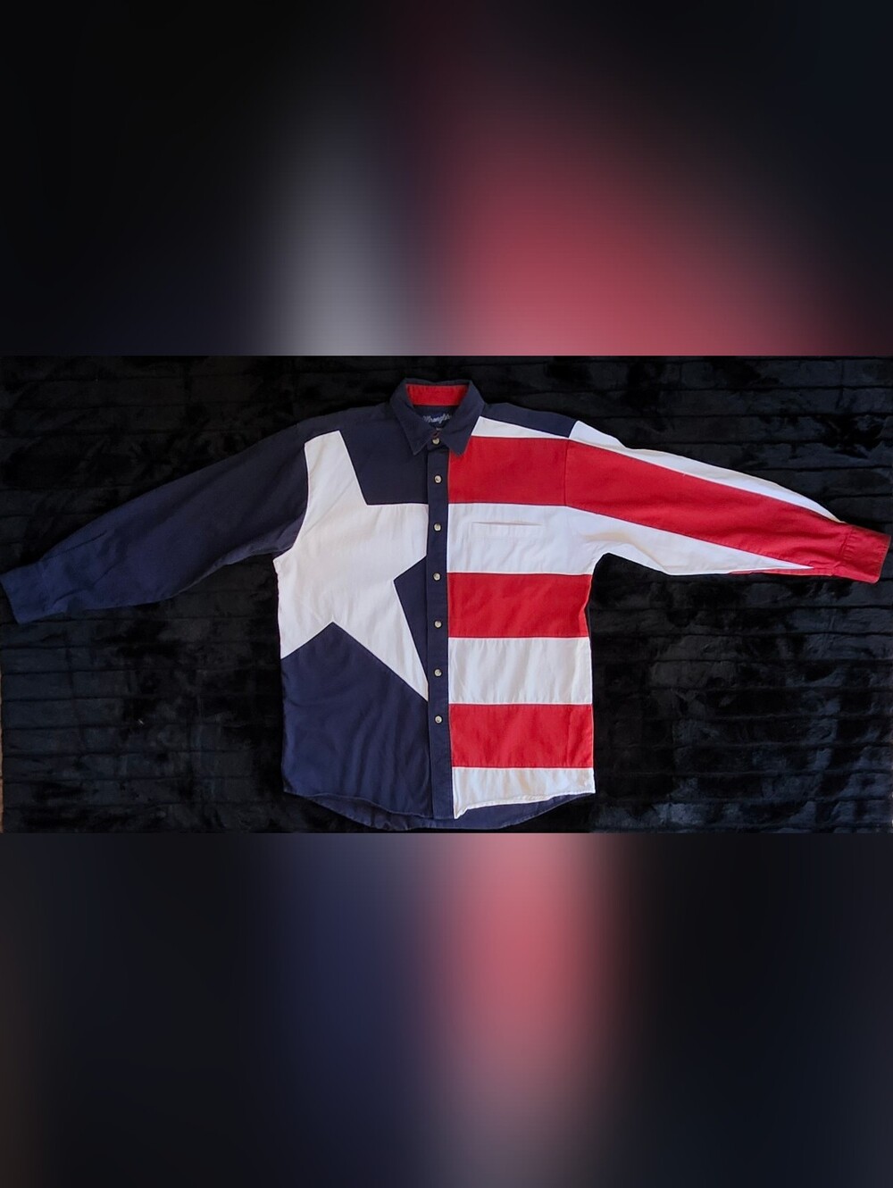 Wrangler Men Medium Texas Star Flag Red/White/Blue Snap Shirt 100% Cotton GUC